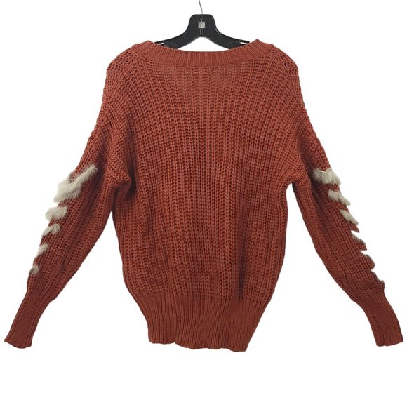 Solution Cable Knit V Neck Sweater One Size Long Sleeve Brown Faux Fur Trim - Picture 2 of 16